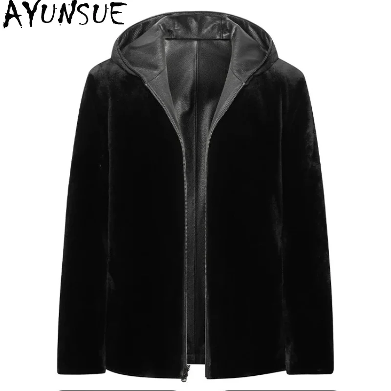 AYUNSUE Top Quality Deerskin Genuine Leather Jacket Men Winter Reversible Sheared Mink Fur Liner Jacket Hooded Natural Fur Parka