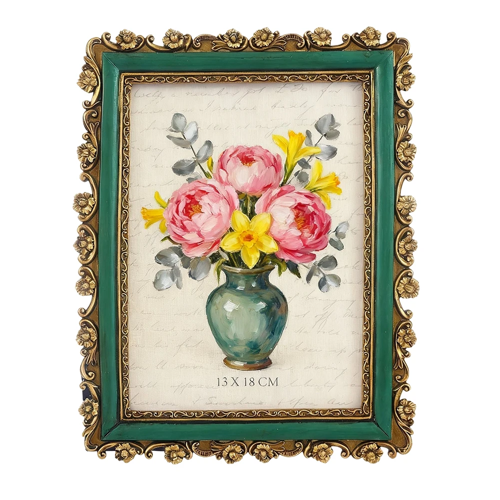 Classic Vintage Resin Frame Featuring Gold Floral Accents Suitable for Displaying Photographs or Art in Multiple Settings