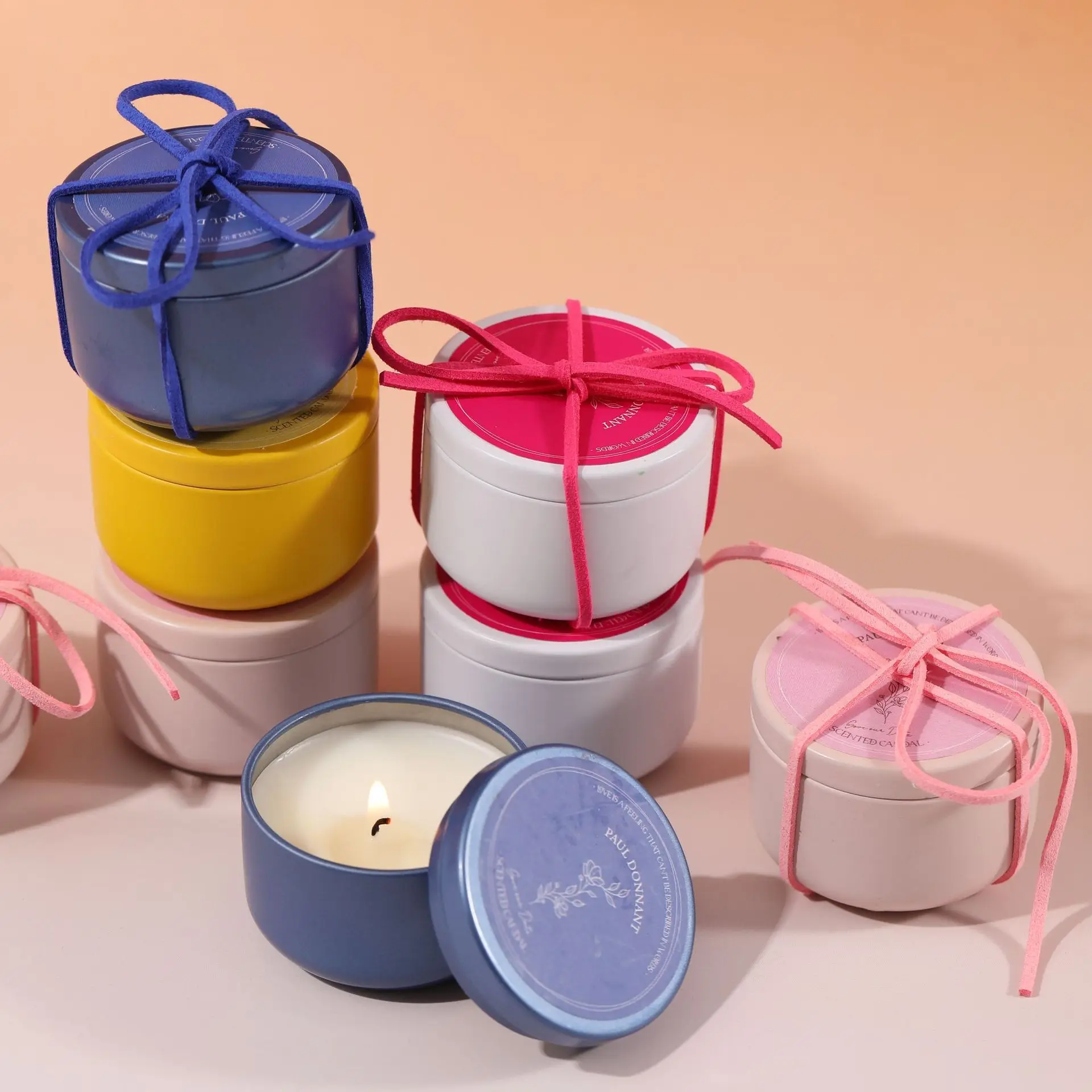 4PC ins Wind round macaron tin can scented candle. Small gift candle. Bow cup wax. Delicate and lovely candles.