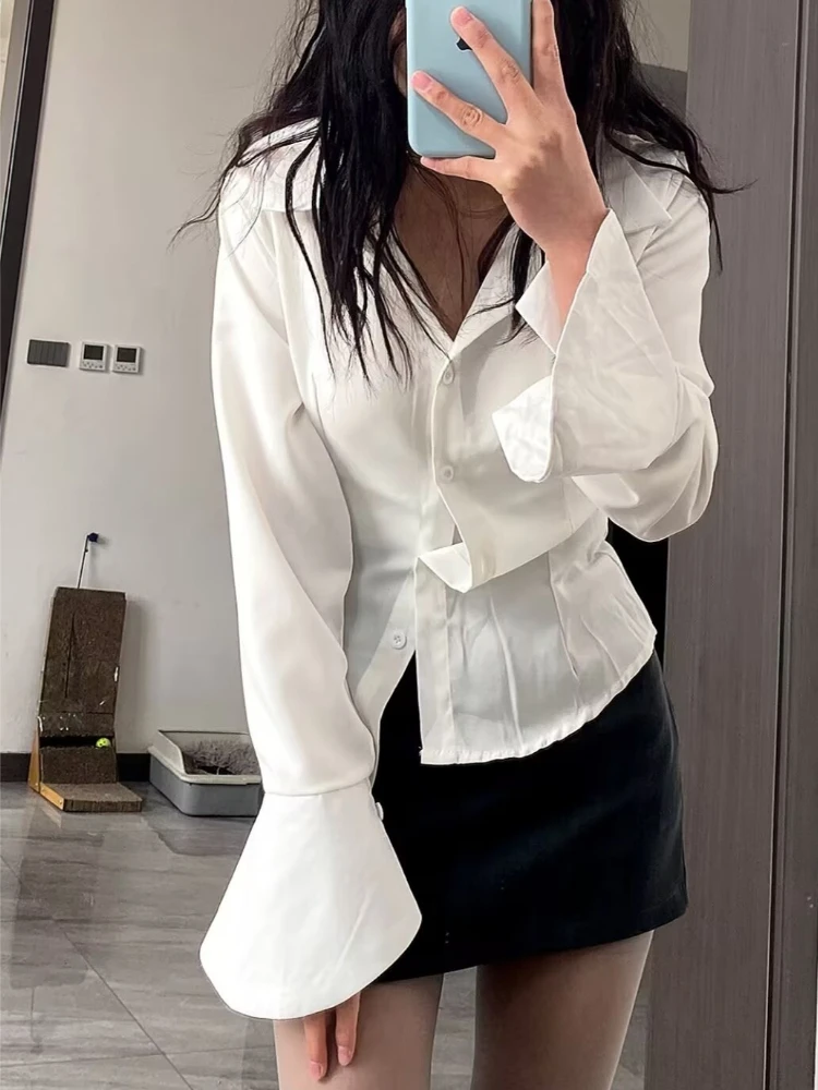 

Shirts Women Hotsweet Flare Sleeve Club Spring Fall Harajuku Solid Slim Back-bandage Tunic Simple High Street Blusas Casual Y2k