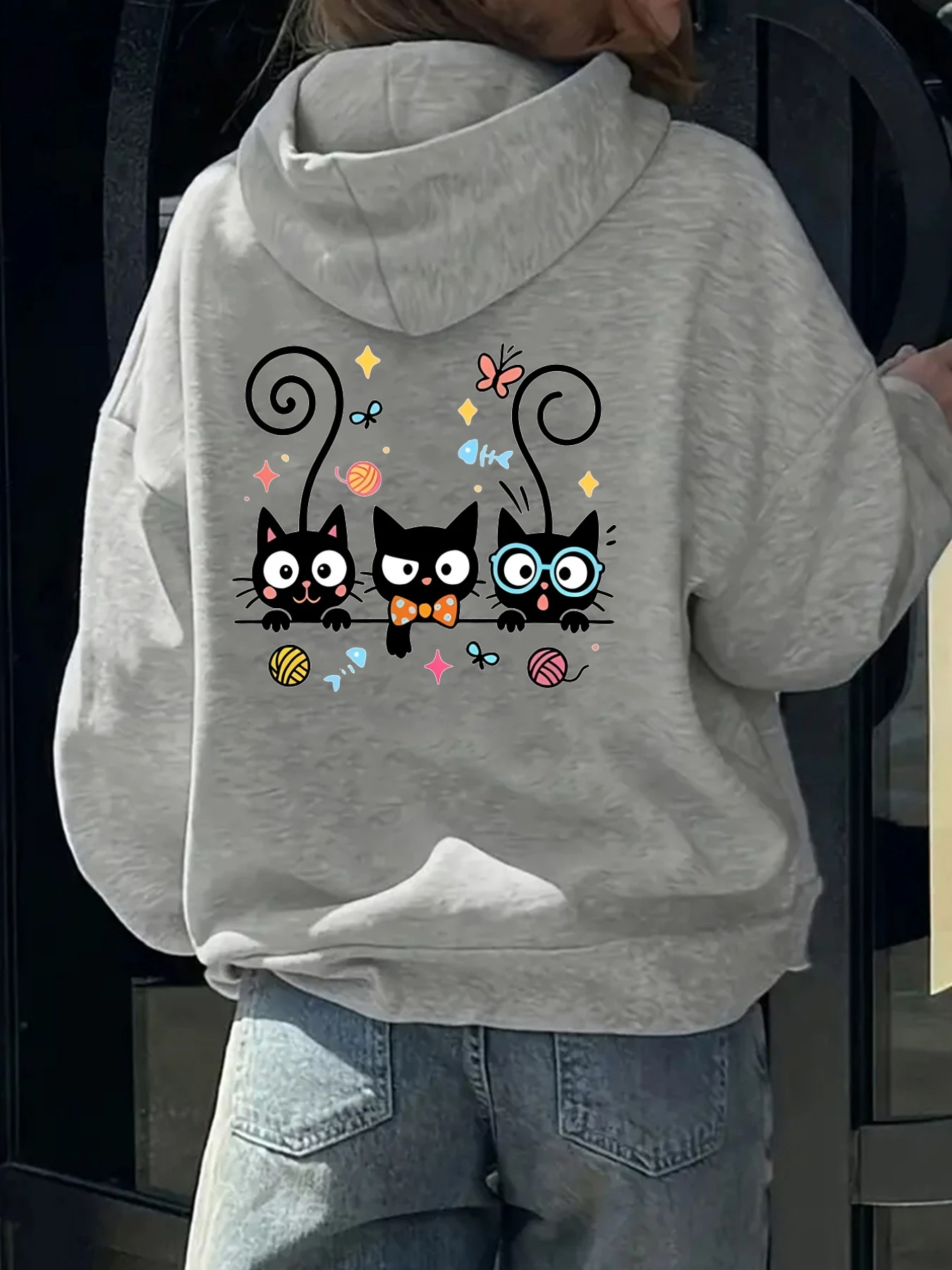 Adorable Cats Wearing Glasses and Bows with Fun Front and Back 2-Pattern Prints - Y2K Casual Style Zip-Up Hoodie