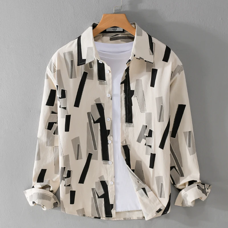 New Italy Long-sleeve 100% Cotton Shirt Men Brand Trend Printing Comfortable Top Clothes Plus Size 3Color Chemise Homme