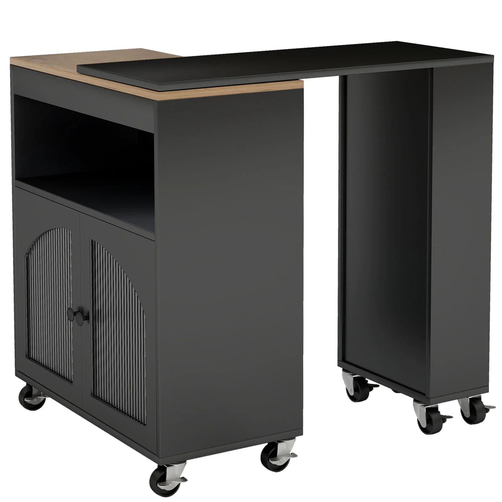 طاولة جزيرة المطبخ المتدحرجة القابلة للتوسيع، عربة تخزين المطبخ المتكاملة، 3 أرفف مفتوحة لأثاث المطبخ