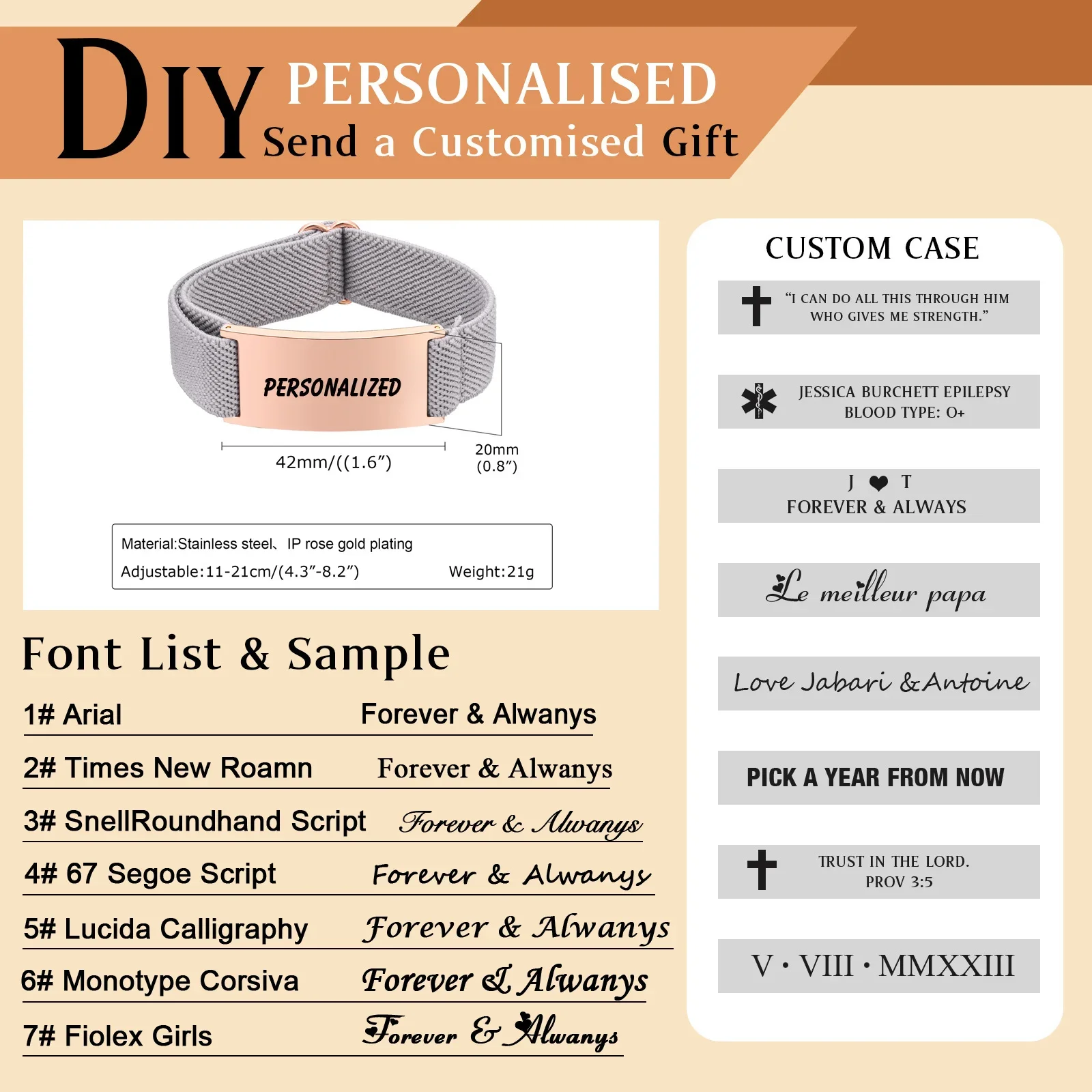 Custom Photo Elastic Bracelet for Women Men,Waterproof Military Chain Bracelet Adjustable, Personalized Engraved ID Jewelry
