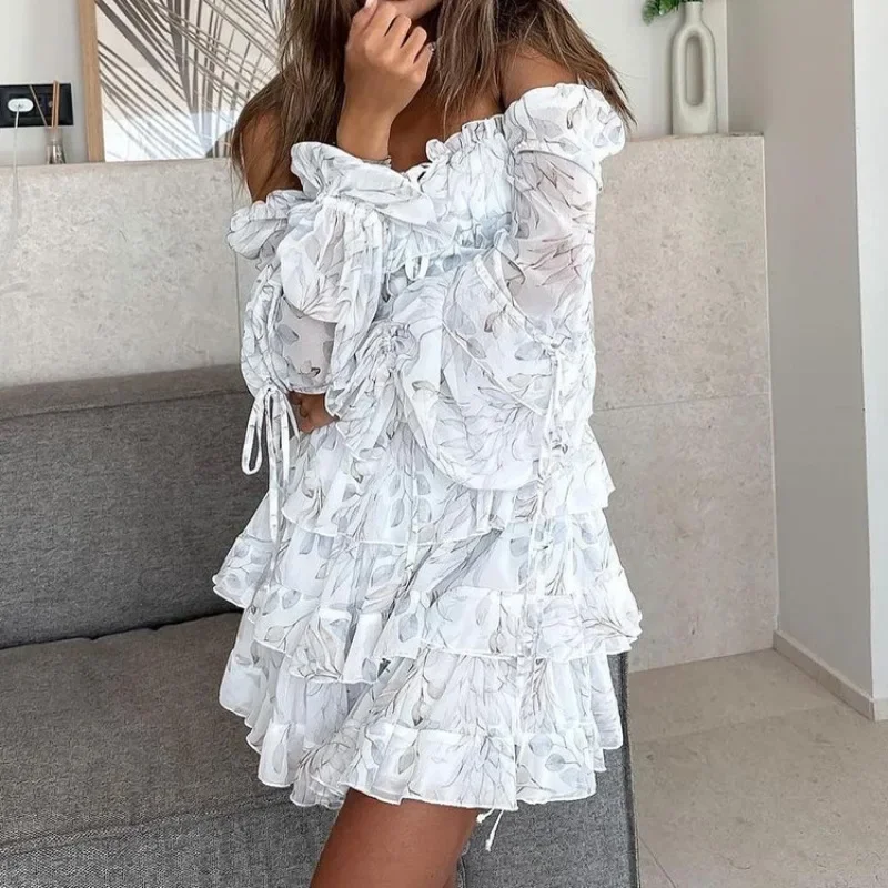 Camada plissado hem uma linha festa curto mini vestido elegante feminino lanterna manga longa envoltório gravata volta vestido de pescoço quadrado