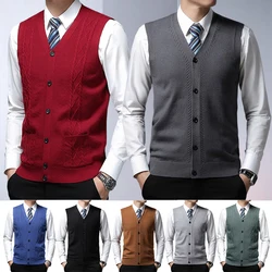 Men's Business Knitted Buttoned Vest Autumn Winter Fashion Gold Velvet Casual V-neck All-match Cardigan  Thick Warm Shirt Vest