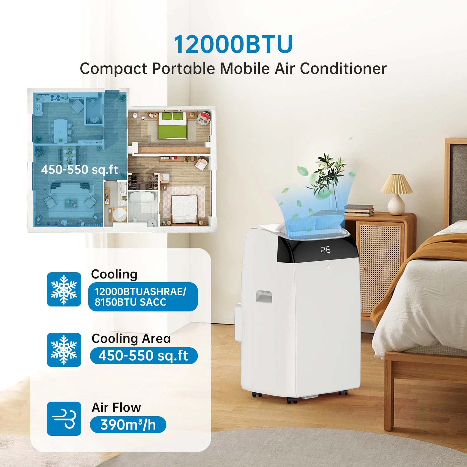 12000BTU Portable Air Conditioner Cooling Fan Dehumidifier
