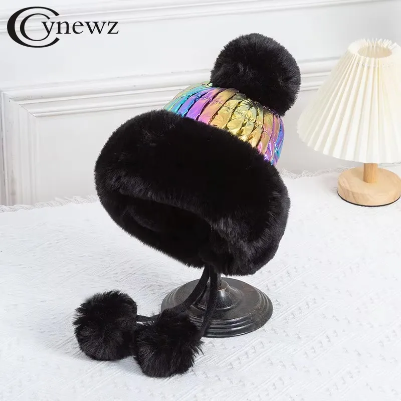 Women Winter Thick Warm Fluffy Beanie Hat Shiny Holographic Ski Cap Cute Faux Fur Earflap Trapper Princess Pompom Skullies