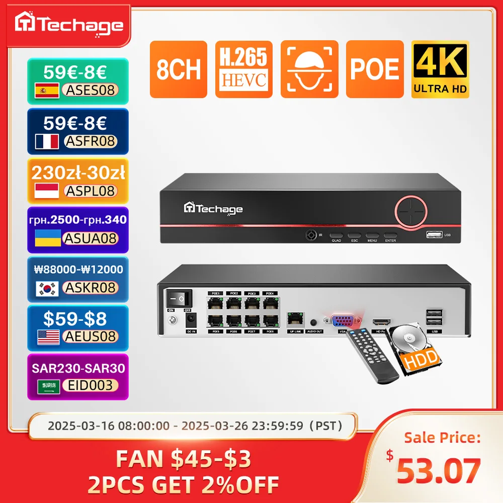 Techage H.265 8CH 4K 2K POE NVR видеорегистратор для видеонаблюдения до 16 каналов для системы видеонаблюдения POE IP-камера-рек