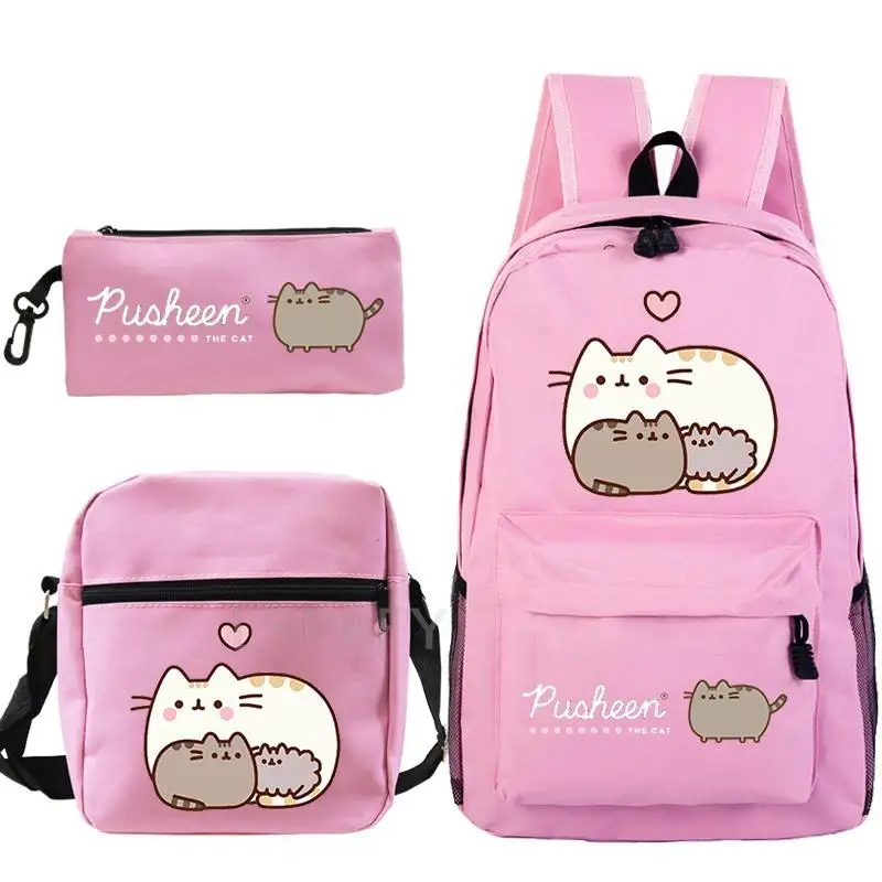 3Pcs/Set Fat Cat Backpacks Boys Girls Cartoon School Backpack Book Bag Teen Sharkdog Mochila Fashion Casual Knapsack