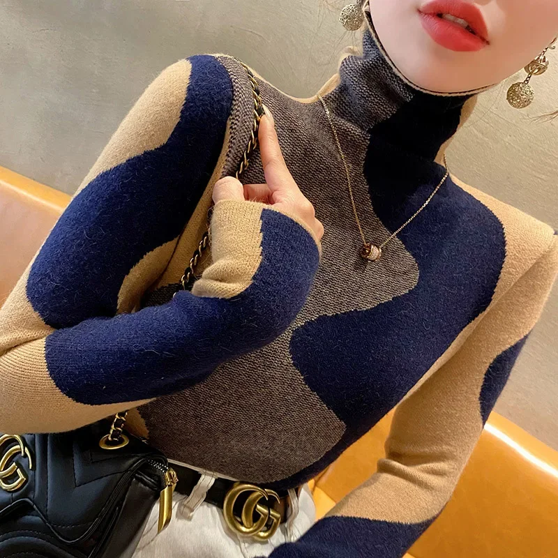 2024 New Women's Polo/Turtle Neck Sweater High-End Feel Stylish Color Block Inner Winter Knit Top Base Layer