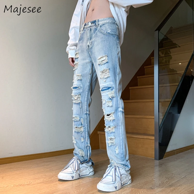 

Ripped Jeans Men Hip Hop Straight Trousers Denim Y2k Clothes S-3XL Cool European Fashion Streetwear Teens Handsome Vaqueros Chic