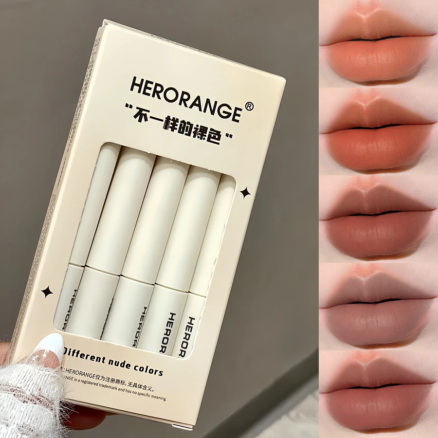 Herorange Matte Lip Glaze Set, Vijf stuks, Langdurig, Niet-vervagend, Ultrahoge kleurweergave Lipgloss, Damescosmetica, Vakantiecadeau