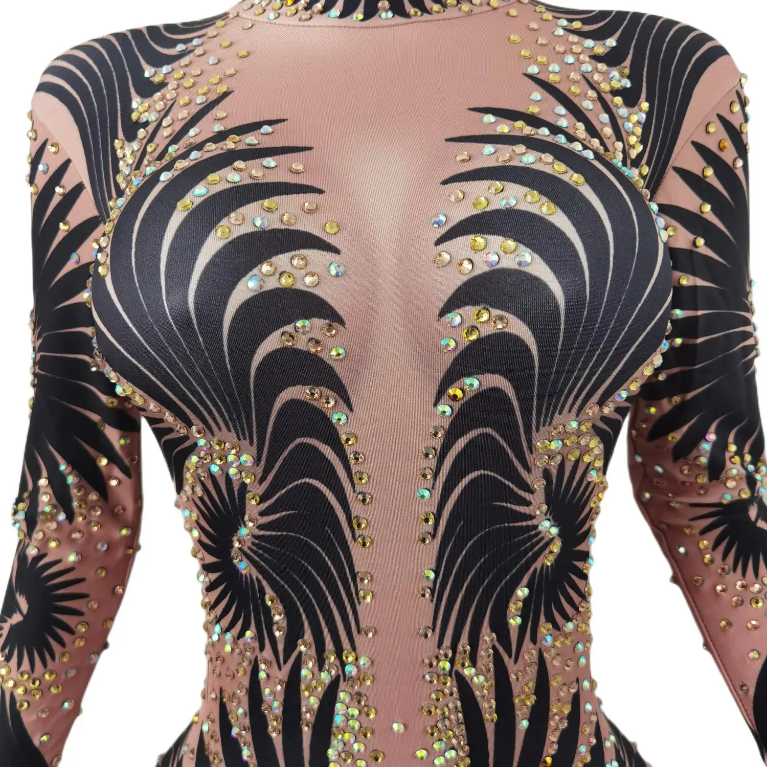 Sparkly Stone Feather Print Jumpsuit Women Sexy Birthday Party Bodysuit Prom Dresses Pole Dancer Performance Costume Feibiao