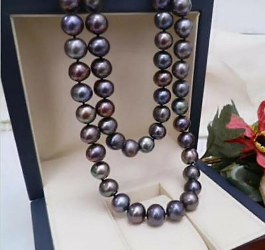 

Beautiful 8-9mm Natural tahitian black pearl necklace 18" yellow ball clasp +AAA