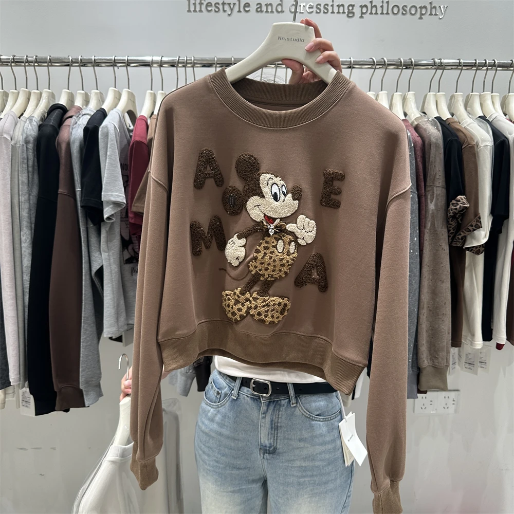 Autumn Winter New Women's Short Coat Loose Casual Hoodies Heavy Craft Leopard Cartoon Long Sleeves Pullover Crew Neck Sweatshirt