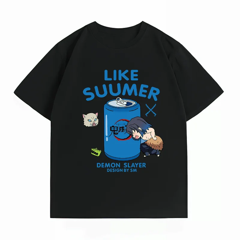 Bandai Demon Slayer Inosuke Summer Print T-shirt Casual Short Sleeve Cotton Anime Streetwear Men's T-shirt