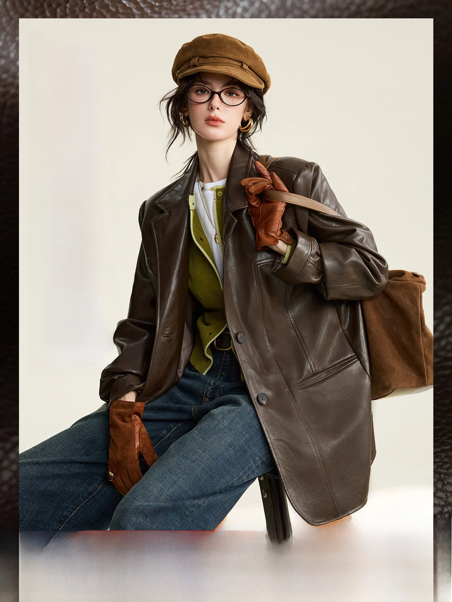 

Modern Faionable Women's PU Leather Jaet Classic oulder Fit Wax Feel Suit Coat Autumn Vintage Sle Long Sve Coat