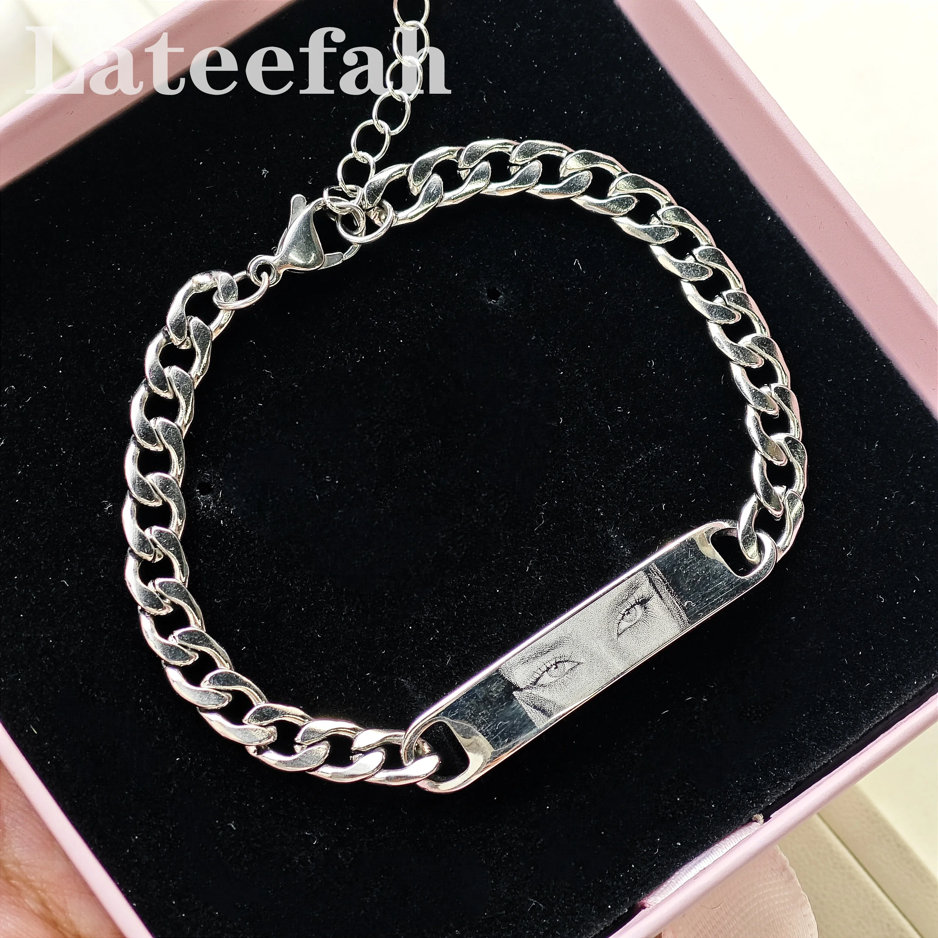 Lateefah Stainless Steel Customized Eyes Photos Images Couple Bracelet Glossy Engraved Unisex Jewelry