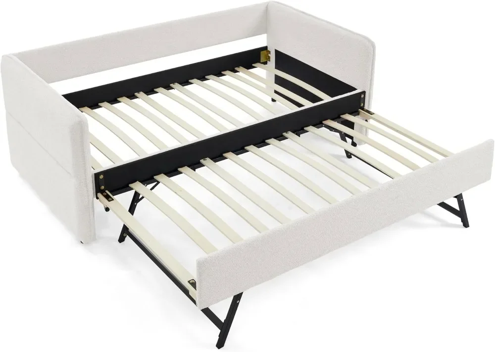 Upholstered Daybed with Pop Up Trundle, Twin to King Daybed with Trundle, Modern Extendable Day Bed Frame for Kids Teens