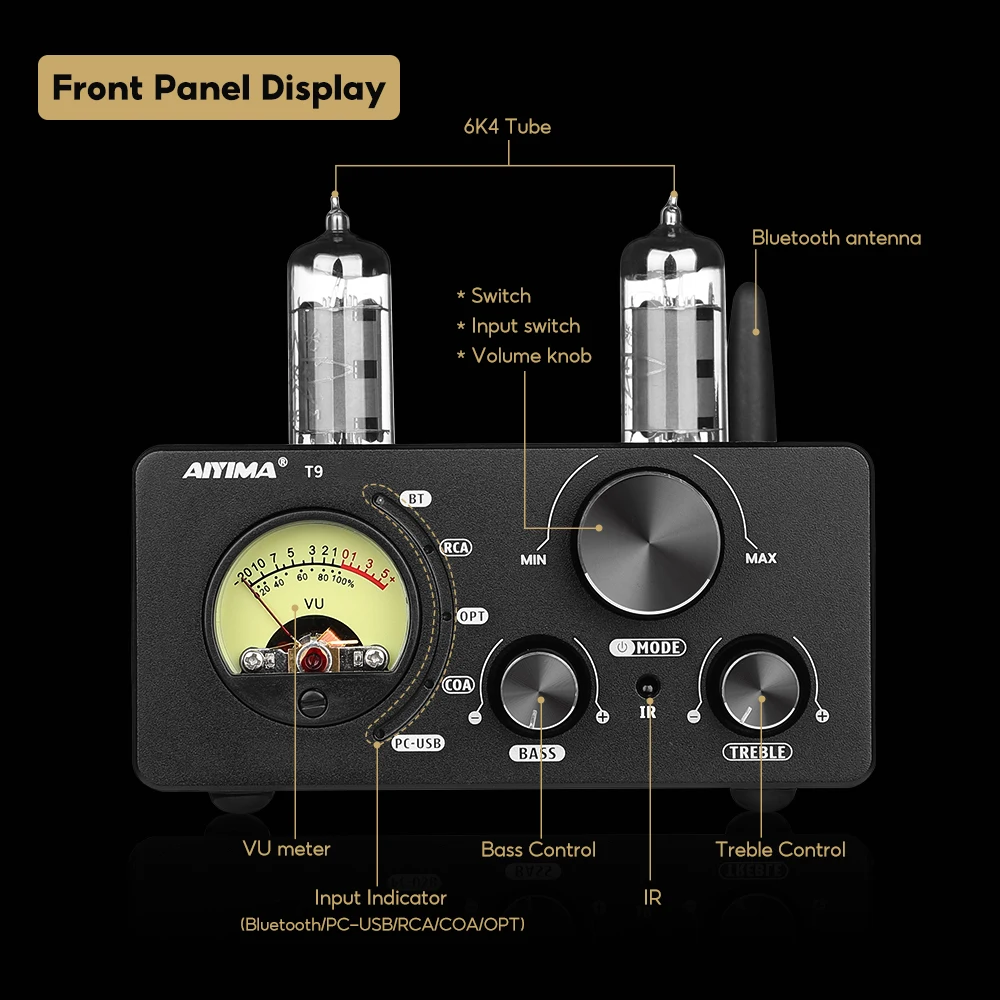 AIYIMA T9 HiFi Bluetooth 5.0 真空管アンプ USB DAC ステレオアンプ COAX OPT ホームオーディオ パワーアンプ VUメーター 100W
