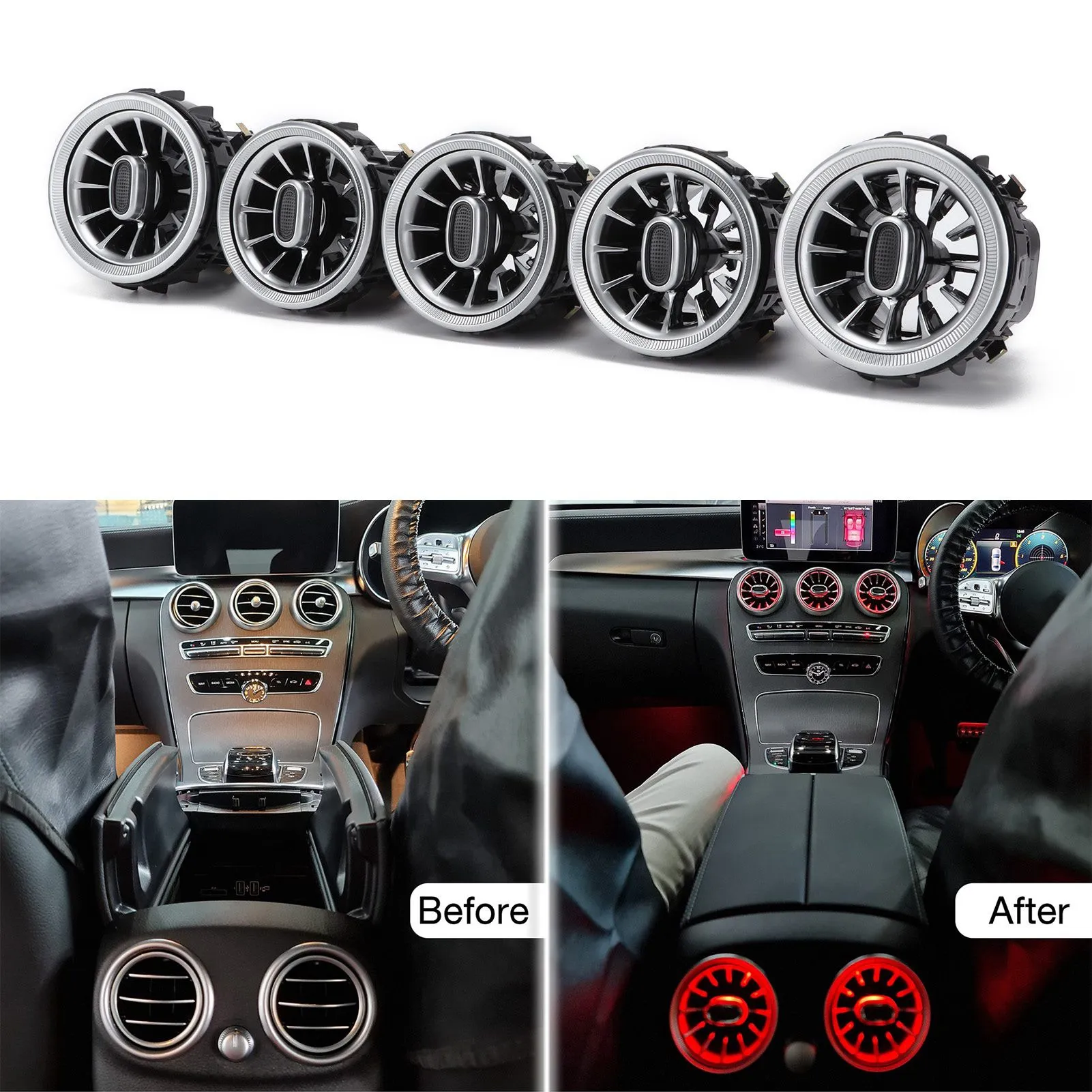 

5 шт., 64 цвета, передняя светодиодная турбина, вентиляционное отверстие, комплект окружающего освещения, замена для Mercedes-Benz C‐Class W205 C205 A205 S205 2019‐2021 гг.