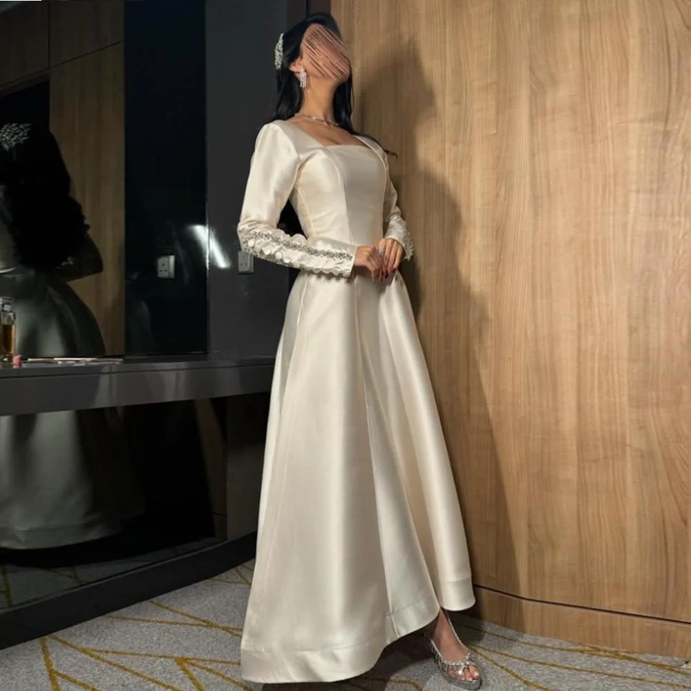 

A-Line Formal 3D Flowers Evening Dress Ankle Length Square Neck Pleats Buttons Satin Long sleeves White Backless Robe de soirée