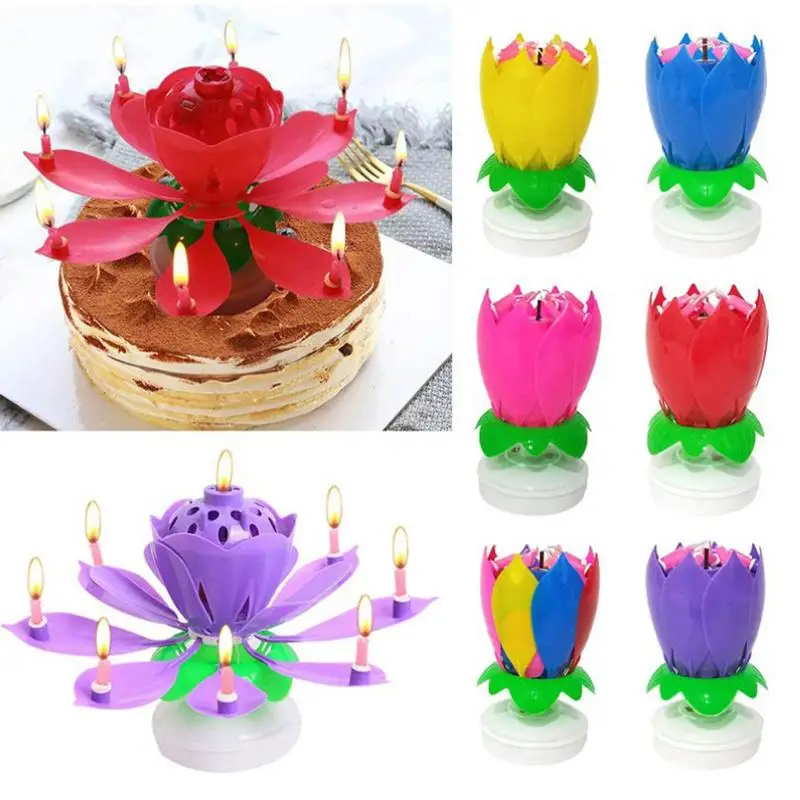 Multicolor Rotating Lotus Cake Candle Electronic Music Candle Birthday Wedding Cake Decoration For Kids Gift Party