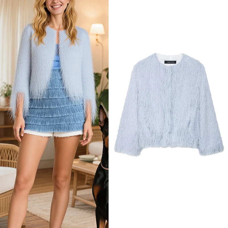 

New For Summer 2025 Womens Fluffy Textured Crew Neck Design Fringed Crew Neck Cropped Jacket Dinner Festive Occasions Trafizaran