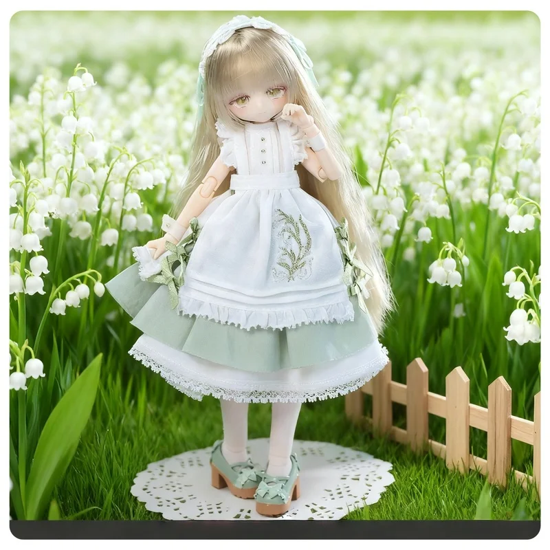 

Bjd Doll Outfit Exquisite Green & White Lace Dress Set Jointed Premium Handmade Doll Clothes Floral Embroidery Collectible