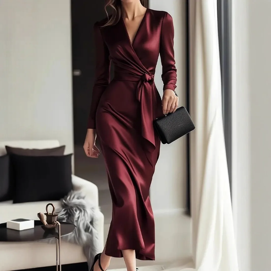 

2026 Trends Elegant Slim Banquet Dress Lady Long Sleeve Wrap Hips Party Dress Sexy V-neck Lace Up Satin Midi Dresses for Woman