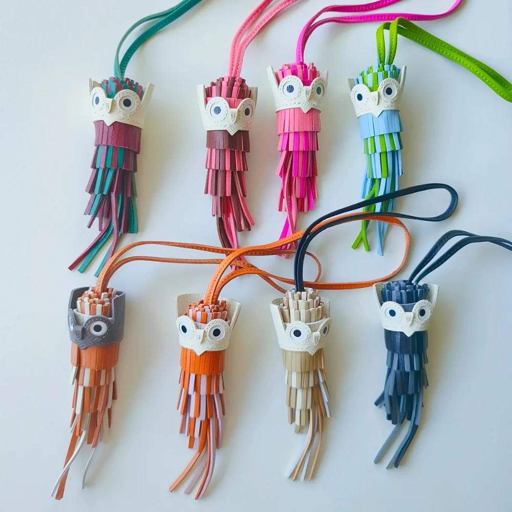Owl Hand-sewn Tassel Bag Charm For Women's Bag Hanging Bag Pendant Genuine Cow Leather Bird Doll Bag Accessories