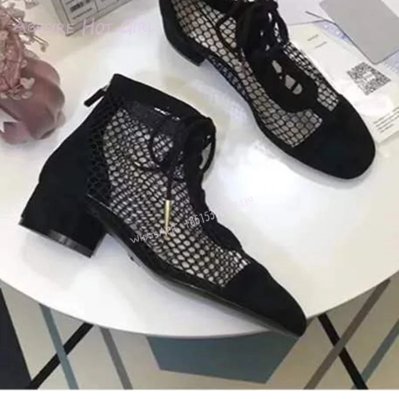 Mesh Hollow Apricot Ankle Booties Women Elegant British Style Black Similar Hollow Low Heel Round Toe Lace-Up Shoe Summer Ladies