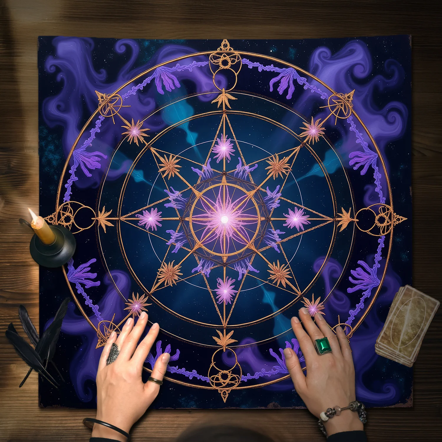 Nappe de divination Mandala Étoile Céleste, Tissu d'autel de tarot Nébuleuse Violette, Motif Géométrique Mystique Doré pour les lectures de tarot