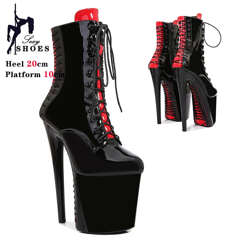 Sexy Gothic Fetish Queen Black Lacing Red Women Ankle Boots 8 Inch High Heels 15cm 17cm 20cm Platform Stripper Pole Dancing Shoe