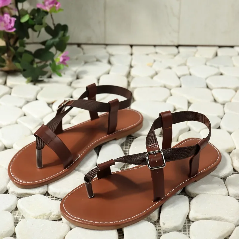 

Новые летние сандалии, женские модные туфли с круглым носком, дышащая металлическая пряжка, мягкая подошва, противоскользящая износостойкая обувь на плоской подошве