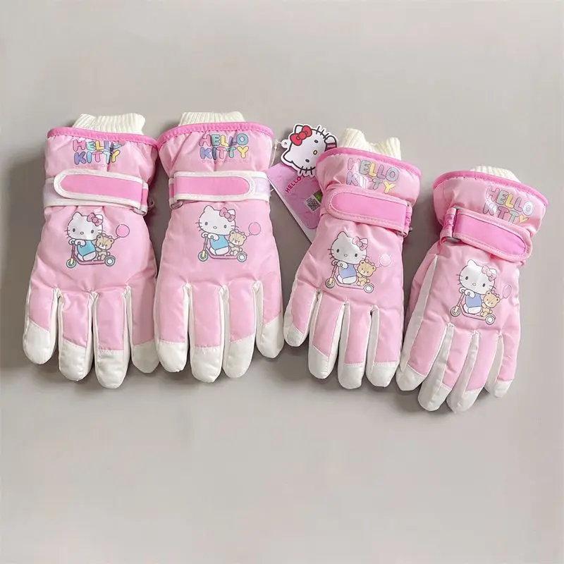 

New Sanrio Hello Kitty anime cartoon innovative ski gloves winter warm and cute girls cinnamon plush cold and snow cotton gloves