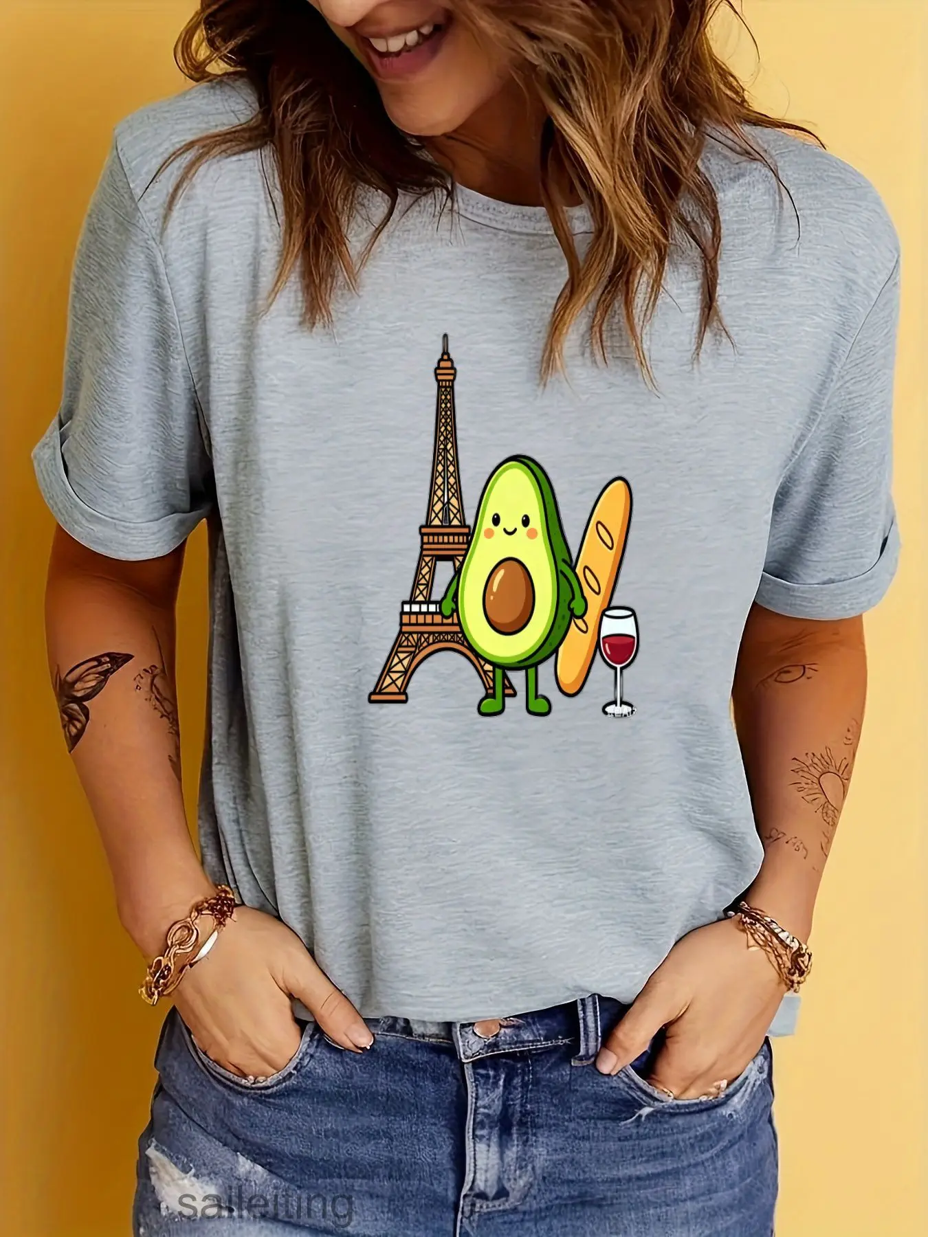 Funny French Avocado T-Shirt with Eiffel Tower Wine Baguette Cartoon - Short Sleeve Summer Tee for Men Women, Casual Distress