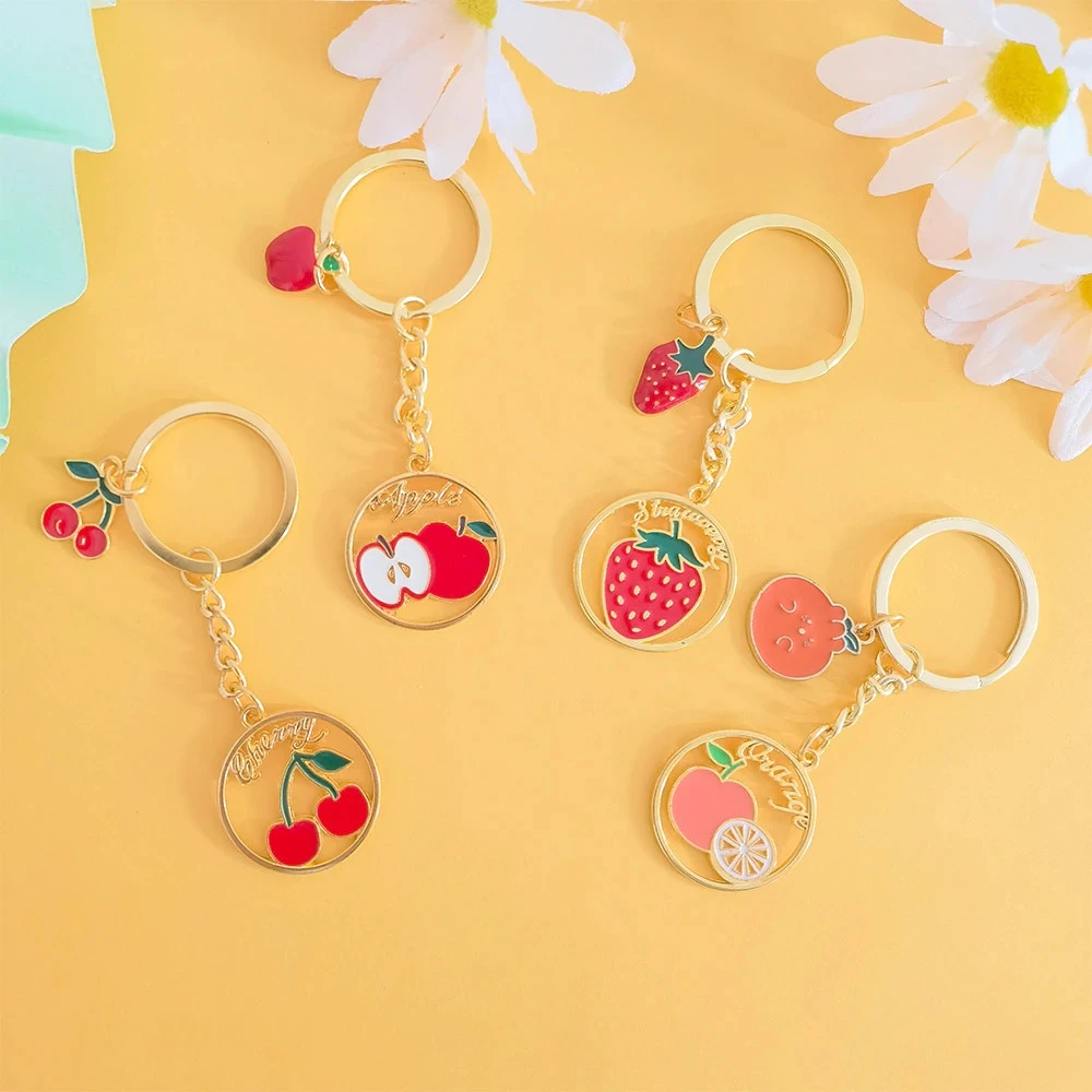 

Lovely Cherry Strawberry Metal Charms Keychains Trendy Fruit Shape Keyrings Bag Ornaments Car Trinket Accessories Gifts Souvenir