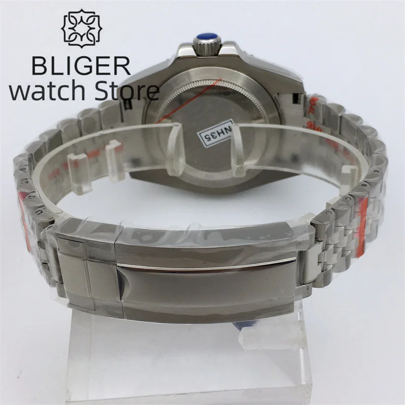 BLIGER Relógio Mecânico Mergulho Masculino, Vidro Safira Mostrador Verde, Moldura Cerâmica Luminosa, Pulseira de Prata 904L NH35A, 40mm