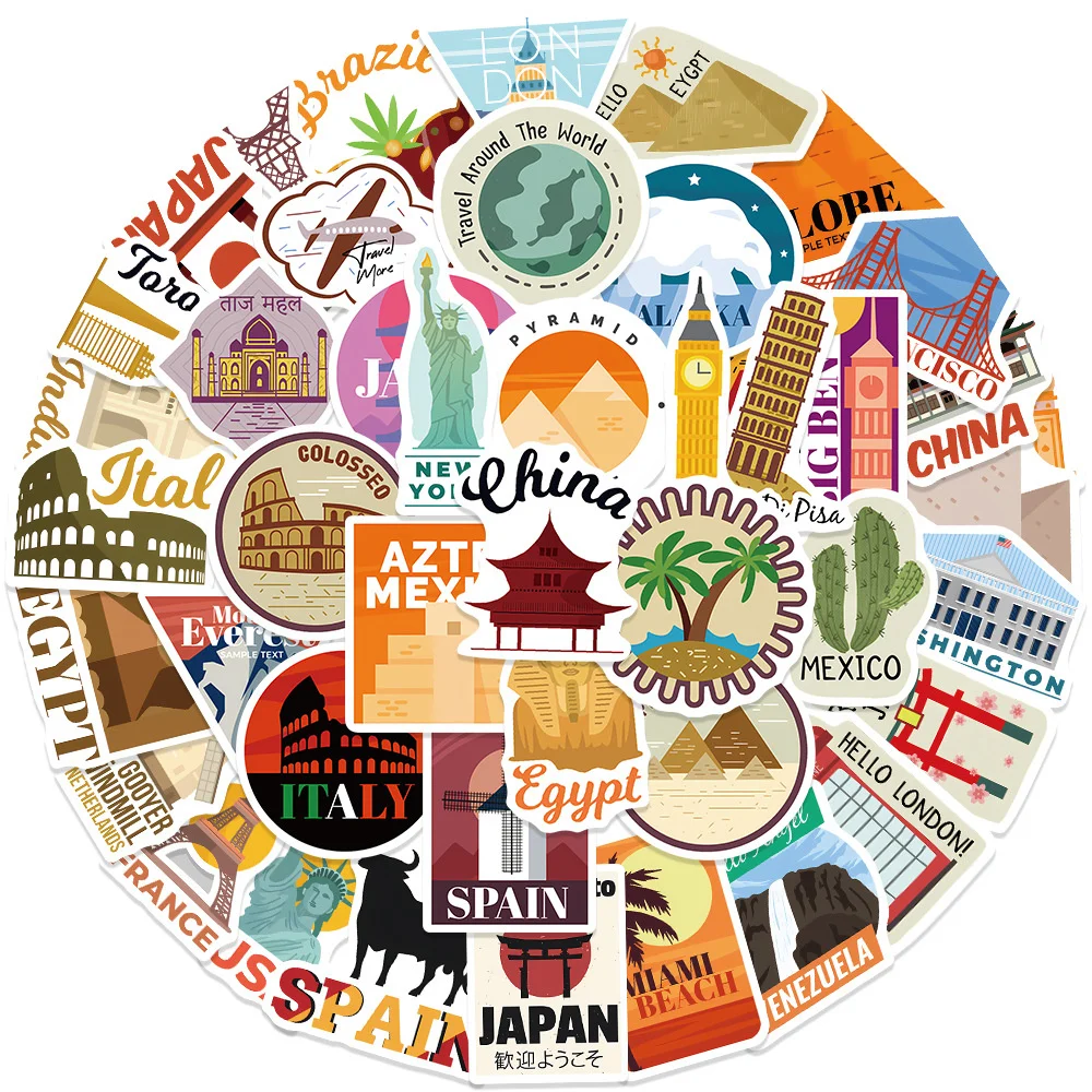 50pcs World City Landmark Stickers Pack Scrapbook Stationery Ipad Phone Laptop DIY Cartoon Sticker Journaling Materials