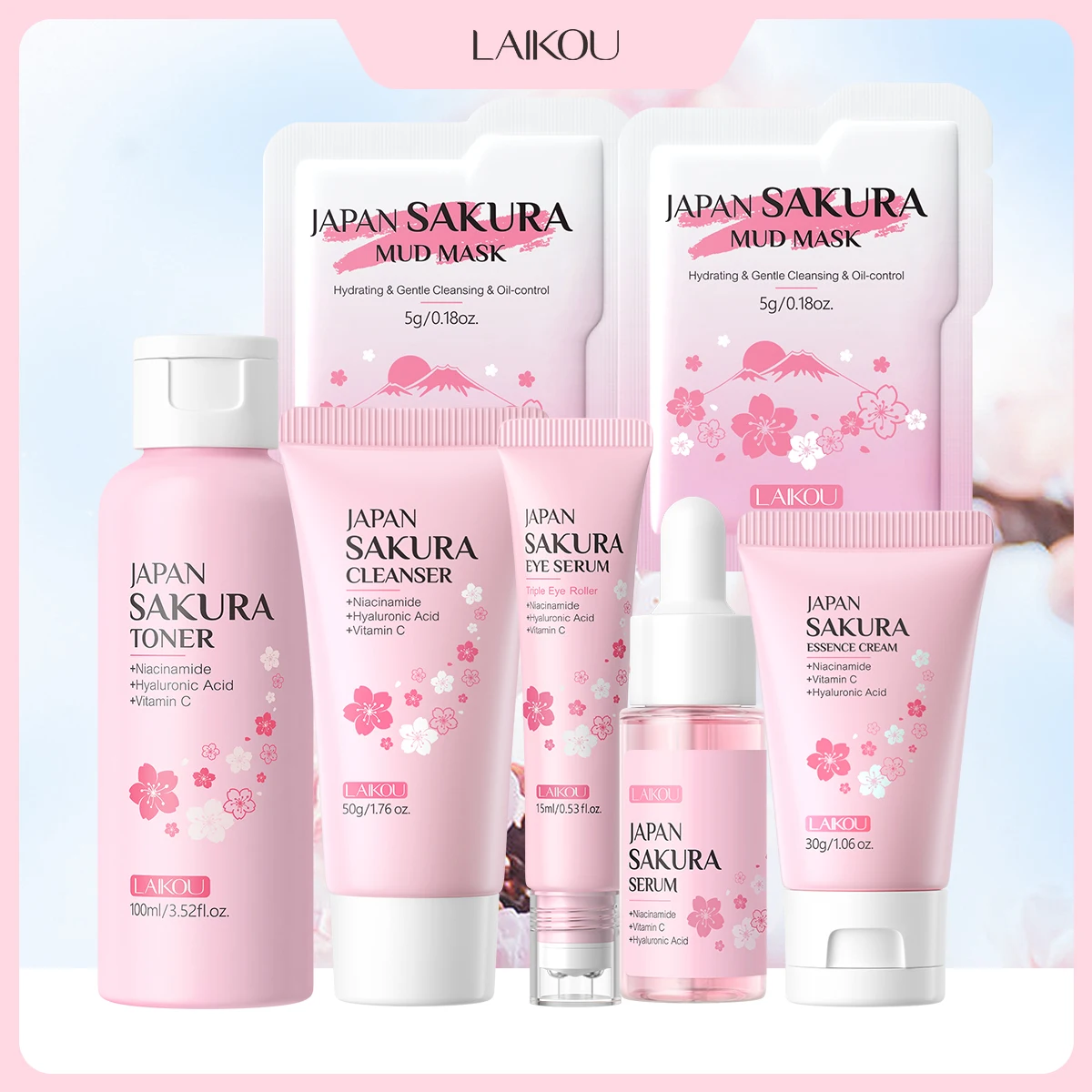 LAIKOU Sakura Full Facial Care Set - Cleanser Toner Serum Eye Cream Mud Mask Moisturizer for Radiant Skin