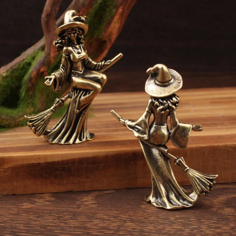 Retro Brass Broomstick Witch Figurines Miniatures Desk Ornaments Charming Witch Small Statue Home Decorations Crafts Accessories