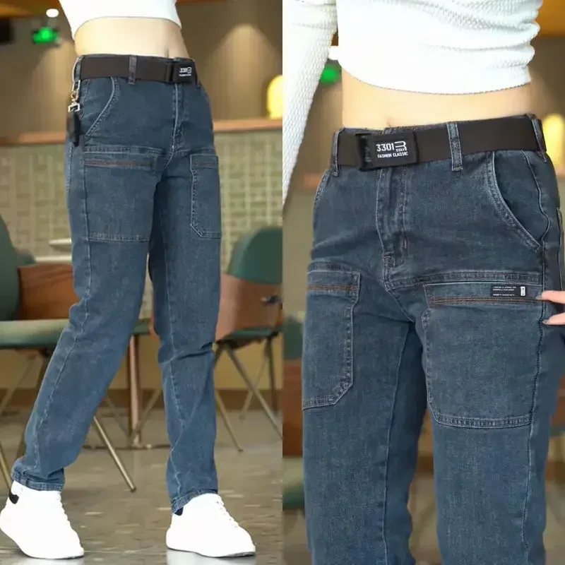 

Pop Slim Fit Korea Men Jeans Cargo Denim Pants Elasticity Casual Blue Gray Pocket Denim Pants Straight Jean Womens Streetwear