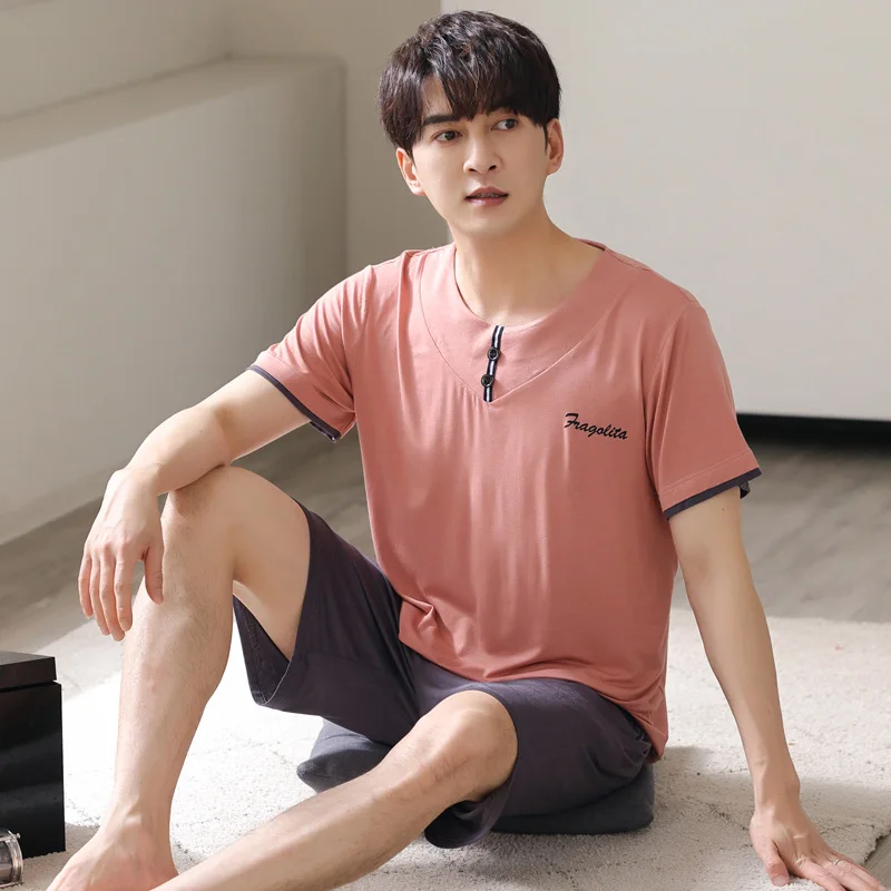 Men Pajamas Set Summer Short Sleeve +Short Pant Modal Pyjama Male Solid Sleepwear