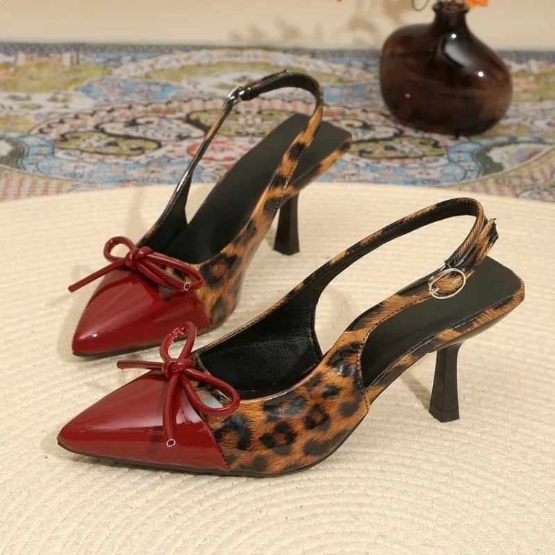 

2026 New Plus Size Leopard Print Bow Back Empty Sandals Women Wear Pointed Toe Stiletto Heels Outside Summer Sandals