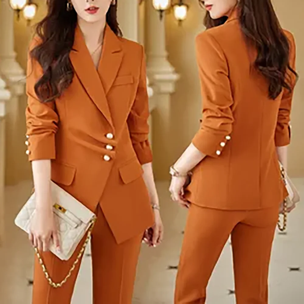 Fashion Elegant Orange Suit For Women Chic Peak Lapel Single Breasted Pearl Button Pleat 2 Piece Office Daily Female Outfit