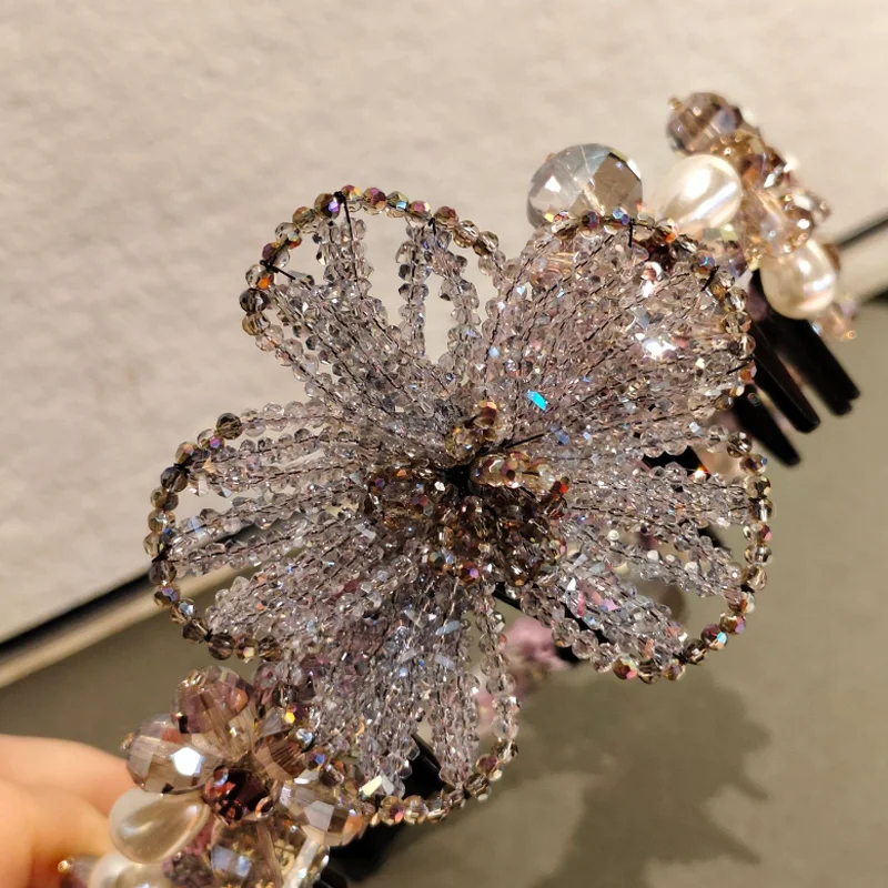 Elegant Crystal Flower Hair Hoop Women Beaded Pearl Lace Headband With Non‑slip Comb Teeth Wedding Banquet Hair Accessories