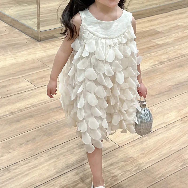 Girls Skirt 2024 Spring and Summer New Feminine Casual Sleeveless Dress Girl Sweet Petal Holiday Wind Princess Kid Dress