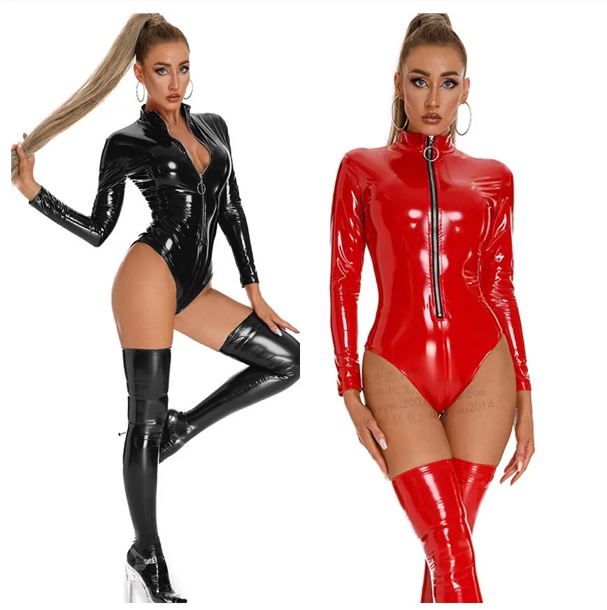 

European and American Black Bright Light Code Patent Leather High Elastic Nightclub Onesie Bright Leather PU Underwear